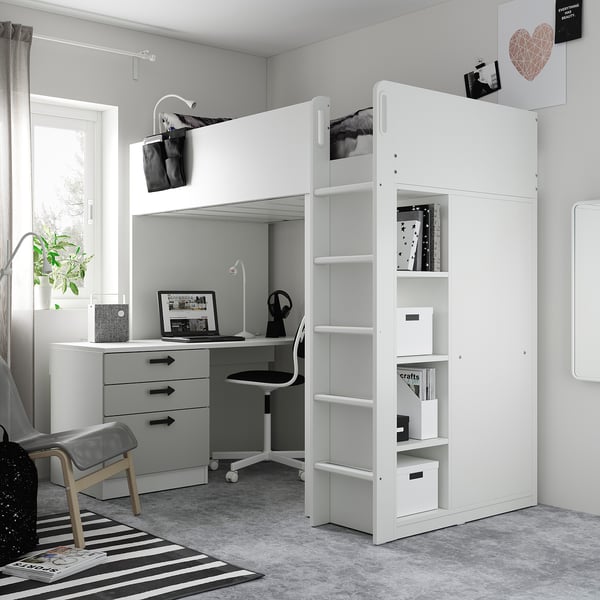 SMÅSTAD - SMÅSTAD Loft bed, white grey/with desk with 2 shelves, 90x200 cm