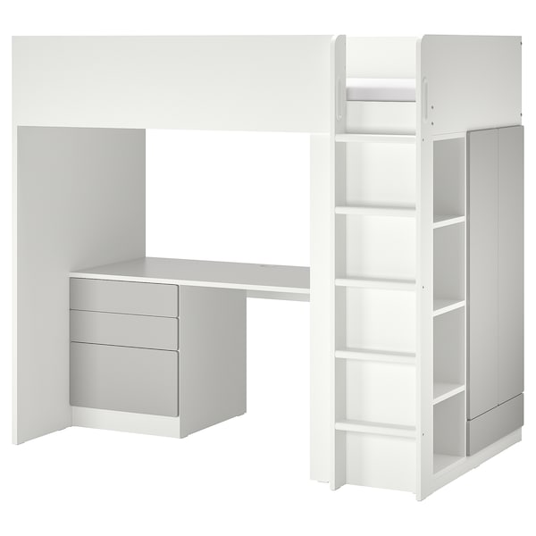 SMÅSTAD - Loft bed, white grey/with desk with 2 shelves, 90x200 cm