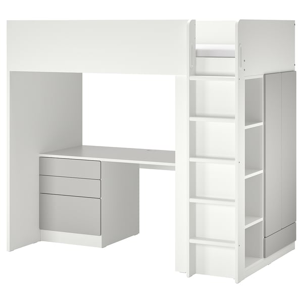 SMÅSTAD - SMÅSTAD Loft bed, white grey/with desk with 2 shelves, 90x200 cm