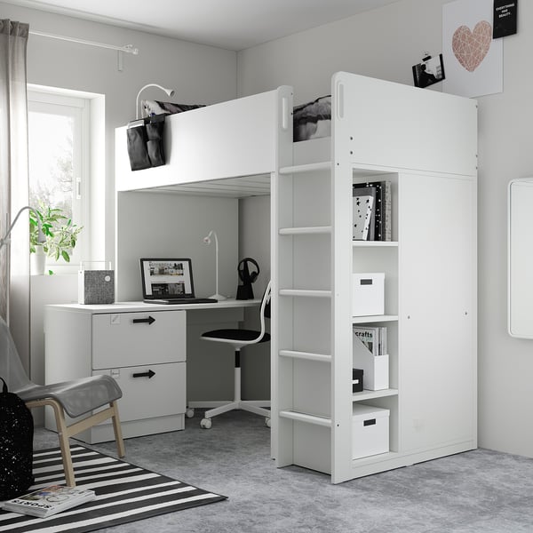 SMÅSTAD loft bed, white grey/with desk with 3 drawers, 90x200 cm