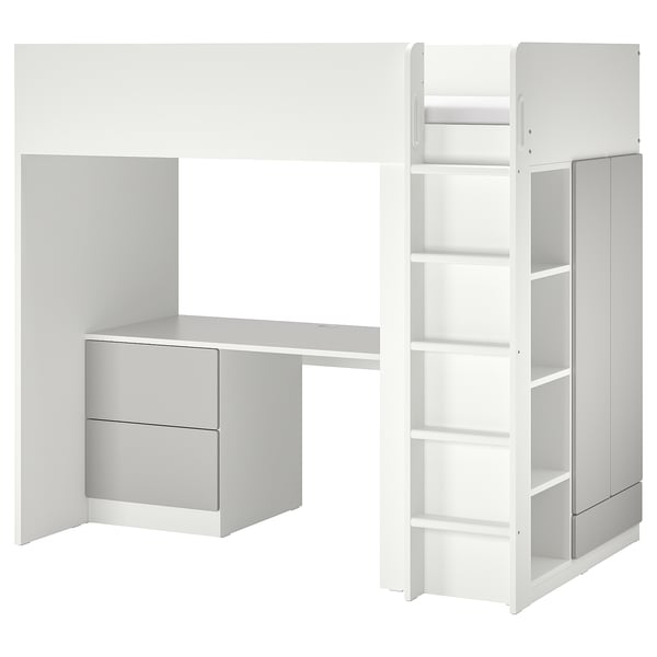 SMÅSTAD - SMÅSTAD Loft bed, white grey/with desk with 3 drawers, 90x200 cm