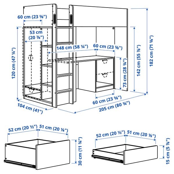 Ikea SMÅSTAD - Loft bed, white grey/with desk with 3 drawers, 90x200 cm