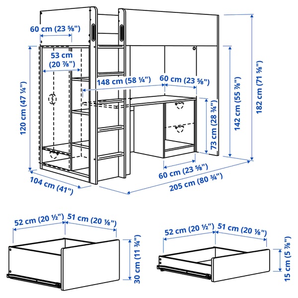 SMÅSTAD - SMÅSTAD Loft bed, white grey/with desk with 3 drawers, 90x200 cm