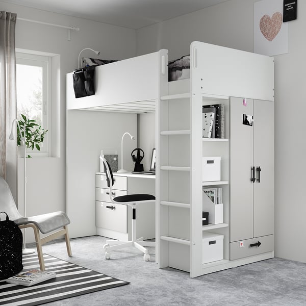 SMÅSTAD - SMÅSTAD Loft bed, white grey/with desk with 4 drawers, 90x200 cm