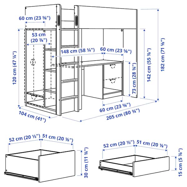 Ikea SMÅSTAD - Loft bed, white lilac/with desk with 3 drawers, 90x200 cm