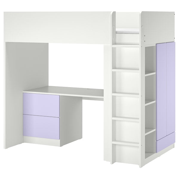SMÅSTAD - Loft bed, white lilac/with desk with 3 drawers, 90x200 cm