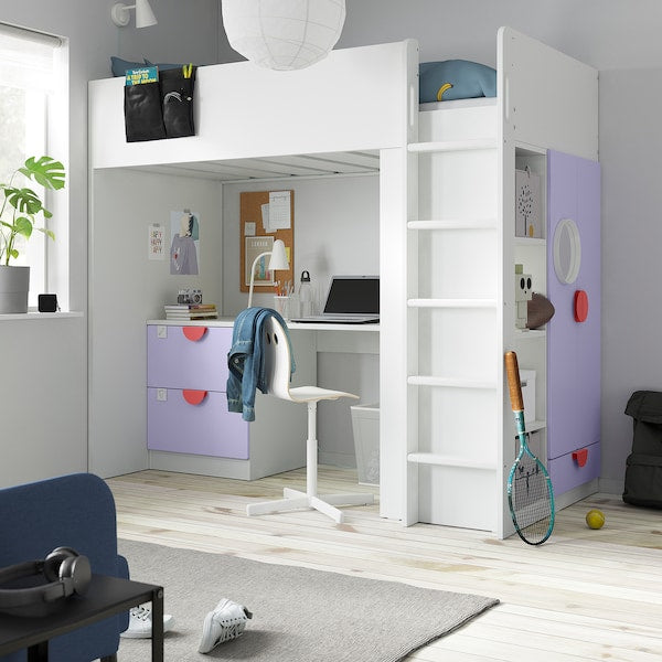 SMÅSTAD - Loft bed, white lilac/with desk with 3 drawers, 90x200 cm