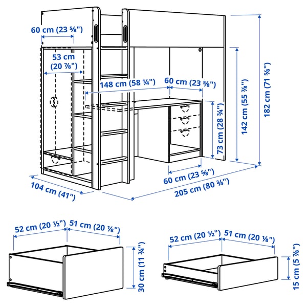 SMÅSTAD - SMÅSTAD Loft bed, white lilac/with desk with 4 drawers, 90x200 cm