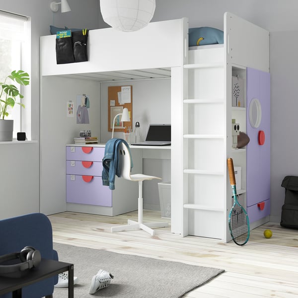 SMÅSTAD loft bed, white lilac/with desk with 4 drawers, 90x200 cm