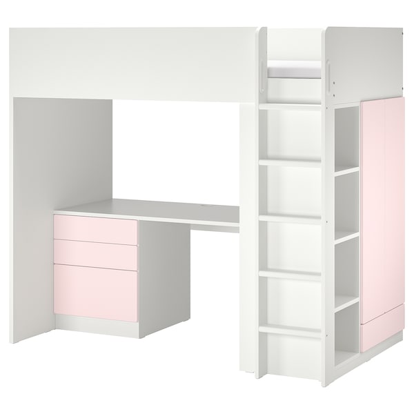 SMÅSTAD - Loft bed, white pale pink/with desk with 2 shelves, 90x200 cm