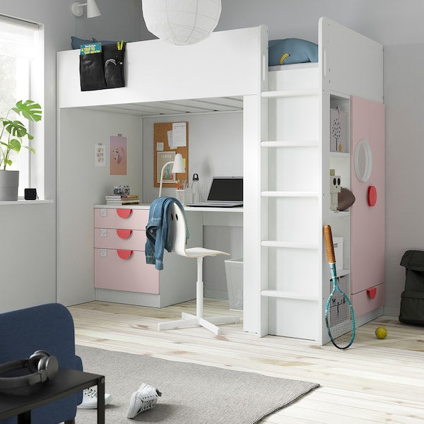 SMÅSTAD - Loft bed, white pale pink/with desk with 2 shelves, 90x200 cm