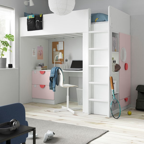 SMÅSTAD - Loft bed, white pale pink/with desk with 3 drawers, 90x200 cm