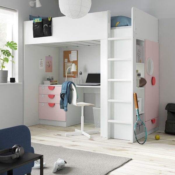 Ikea SMÅSTAD - Loft bed, white pale pink/with desk with 4 drawers, 90x200 cm