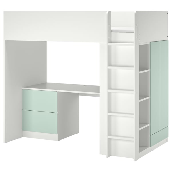 SMÅSTAD - Loft bed, white light green/with desk with 3 drawers, 90x200 cm