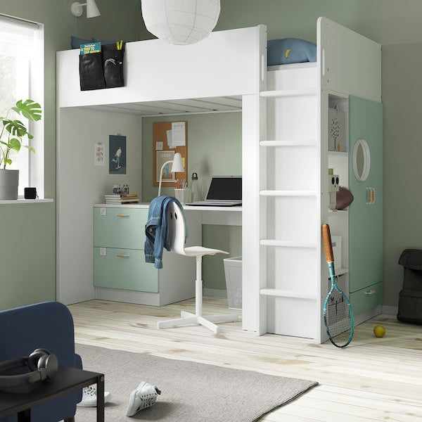 SMÅSTAD - Loft bed, white light green/with desk with 3 drawers, 90x200 cm