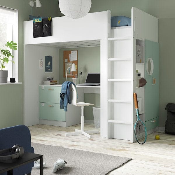 Ikea SMÅSTAD - Loft bed, white light green/with desk with 3 drawers, 90x200 cm