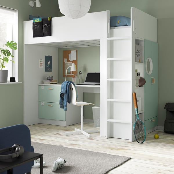 SMÅSTAD loft bed, white light green/with desk with 3 drawers, 90x200 cm