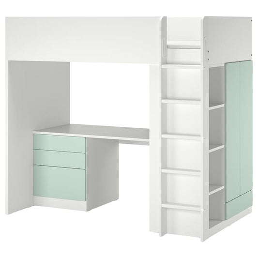 Ikea SMÅSTAD - Loft bed, white light green/with desk with 4 drawers, 90x200 cm