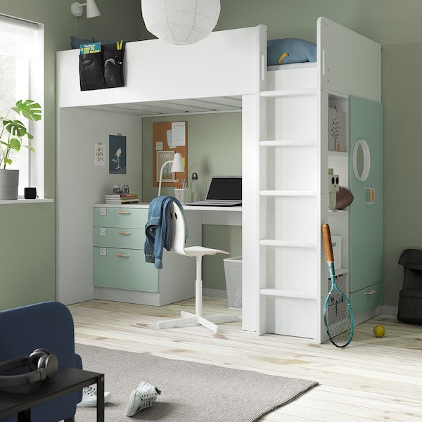 SMÅSTAD - Loft bed, white light green/with desk with 4 drawers, 90x200 cm