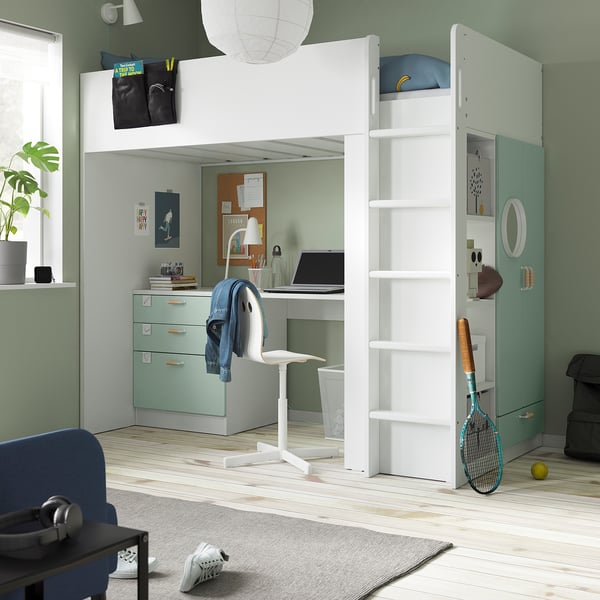 SMÅSTAD loft bed, white light green/with desk with 4 drawers, 90x200 cm