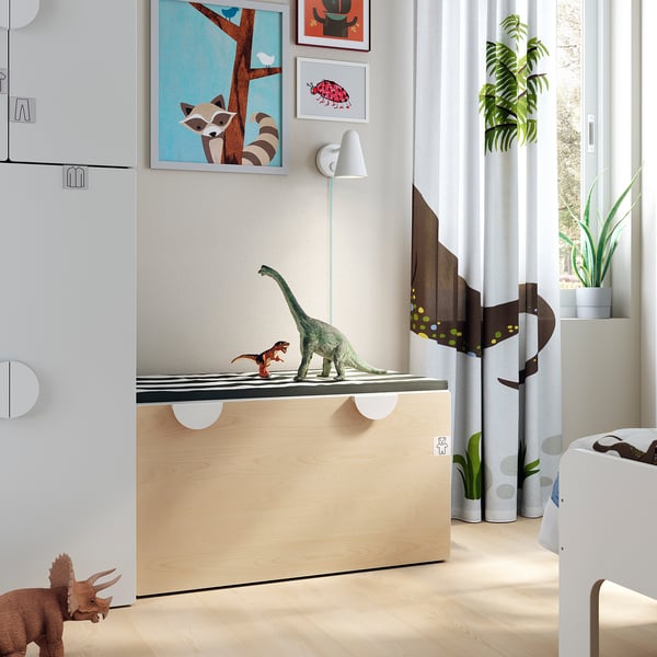 SMÅSTAD bench with toy storage, white/birch, 90x52x48 cm