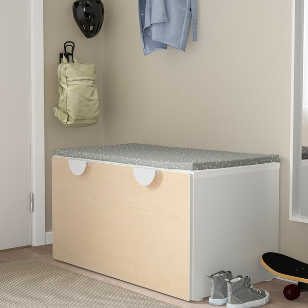 SMÅSTAD bench with toy storage, white/birch, 90x52x48 cm