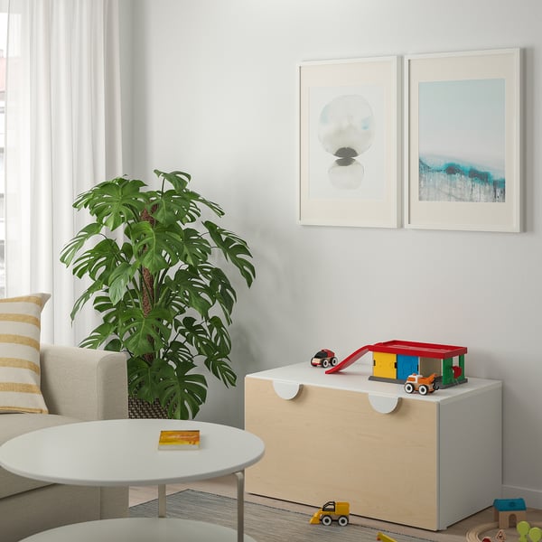 SMÅSTAD bench with toy storage, white/birch, 90x52x48 cm