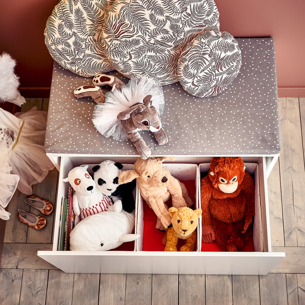 SMÅSTAD bench with toy storage, white/birch, 90x52x48 cm
