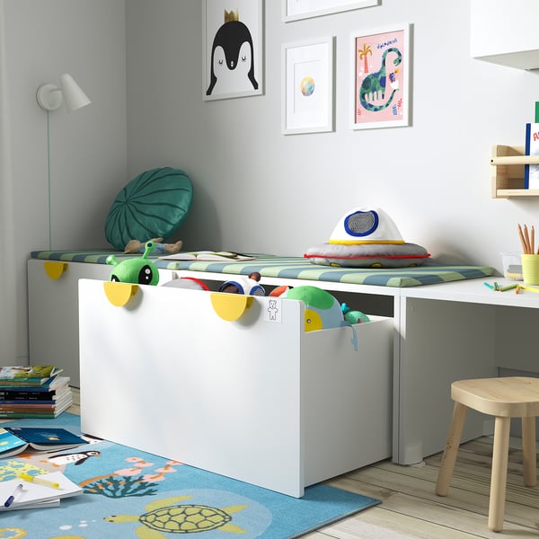 SMÅSTAD bench with toy storage, white/blue, 90x52x48 cm