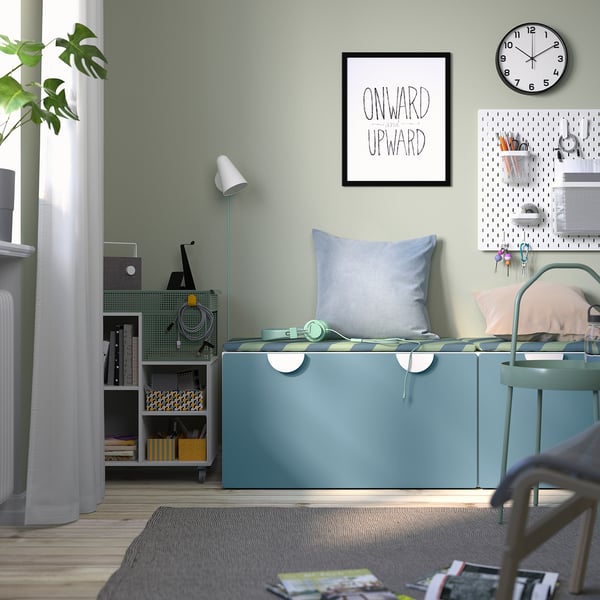 SMÅSTAD bench with toy storage, white/blue, 90x52x48 cm