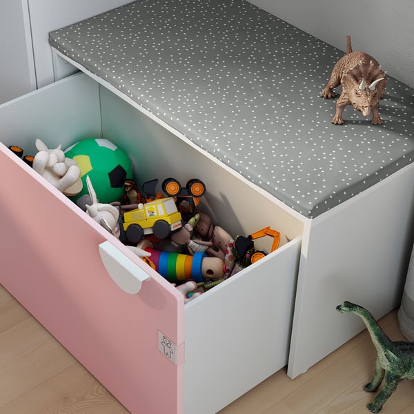 SMÅSTAD bench with toy storage, white/pale pink, 90x52x48 cm