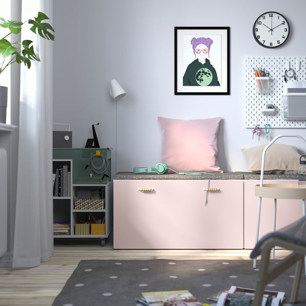 SMÅSTAD bench with toy storage, white/pale pink, 90x52x48 cm