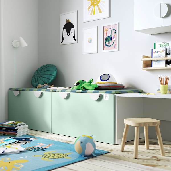 SMÅSTAD - Bench with toy storage, white/light green, 90x52x48 cm