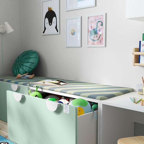 SMÅSTAD - Bench with toy storage, white/light green, 90x52x48 cm