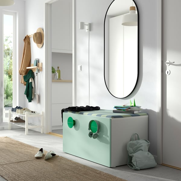 SMÅSTAD bench with toy storage, white/light green, 90x52x48 cm