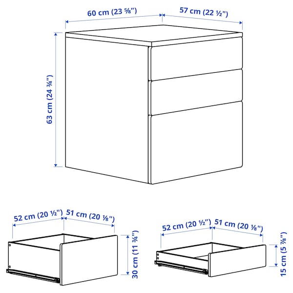 SMÅSTAD / PLATSA - Chest of 3 drawers, white/birch, 60x57x63 cm