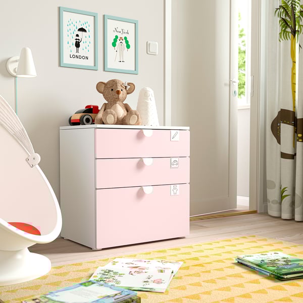 SMÅSTAD / PLATSA - Chest of 3 drawers, white/pale pink, 60x42x63 cm