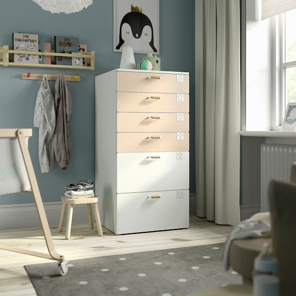 SMÅSTAD / PLATSA - Chest of 6 drawers, white birch/white, 60x57x123 cm