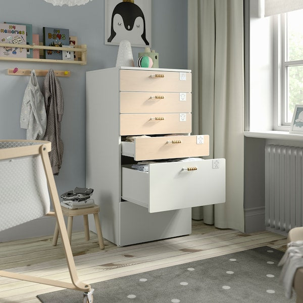 SMÅSTAD / PLATSA - Chest of 6 drawers, white birch/white, 60x57x123 cm