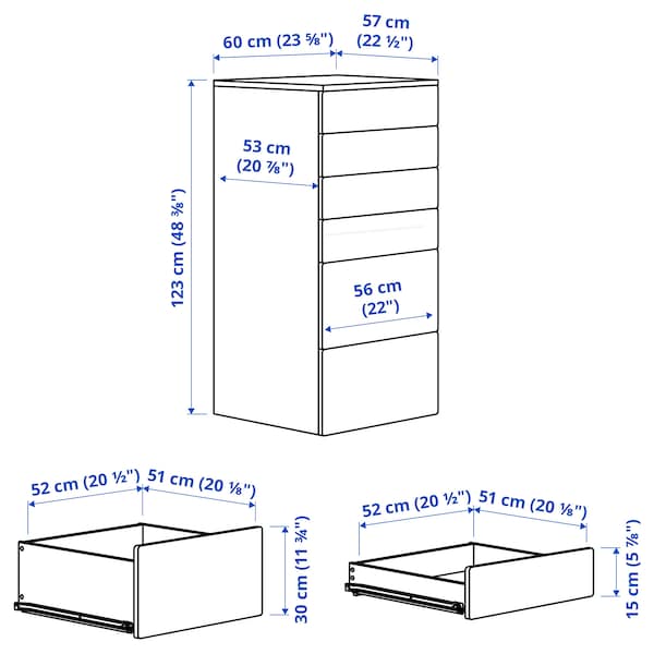 SMÅSTAD / PLATSA - Drawer chest with 6 drawers, birch white/blue,60x57x123 cm
