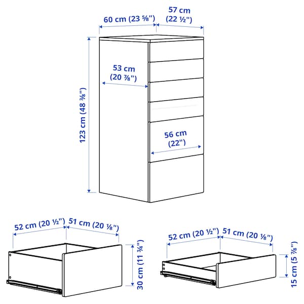 SMÅSTAD / PLATSA - Chest of 6 drawers, white birch/blue, 60x57x123 cm