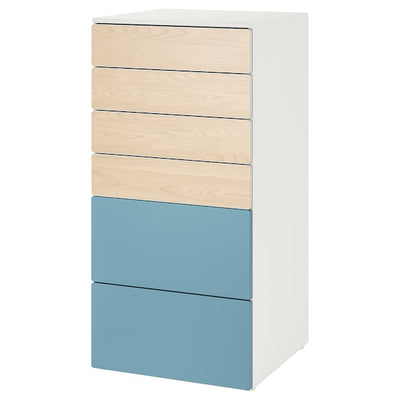 SMÅSTAD / PLATSA - Drawer chest with 6 drawers, birch white/blue,60x57x123 cm