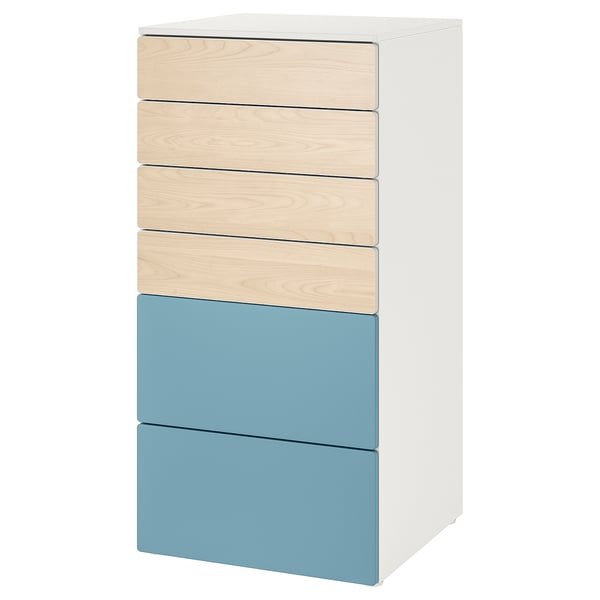 SMÅSTAD / PLATSA chest of 6 drawers, white birch/blue, 60x57x123 cm