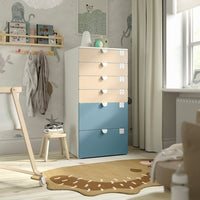 SMÅSTAD / PLATSA - Chest of 6 drawers, white birch/blue, 60x57x123 cm