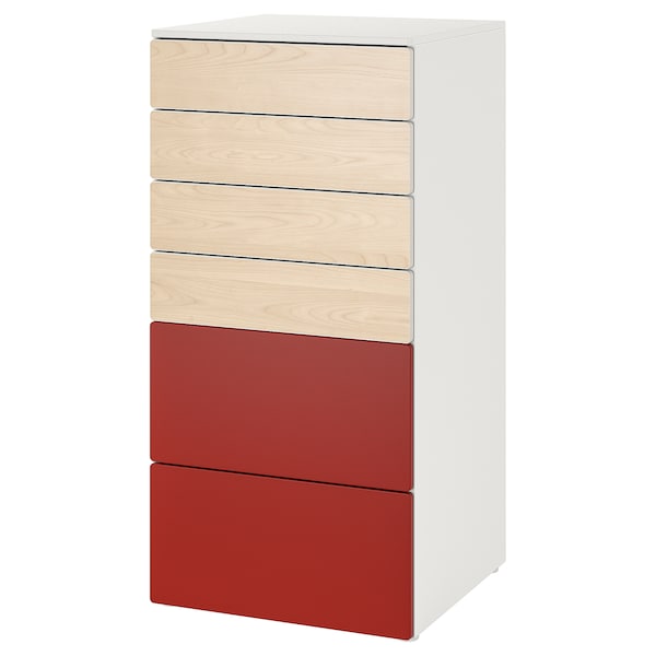 SMÅSTAD / PLATSA - Drawer chest with 6 drawers, birch white/red,60x57x123 cm