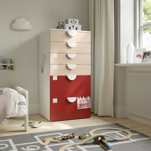 SMÅSTAD / PLATSA chest of 6 drawers, white birch/red, 60x57x123 cm