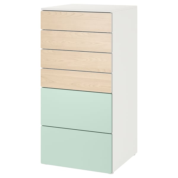 SMÅSTAD / PLATSA chest of 6 drawers, white birch/light green, 60x57x123 cm