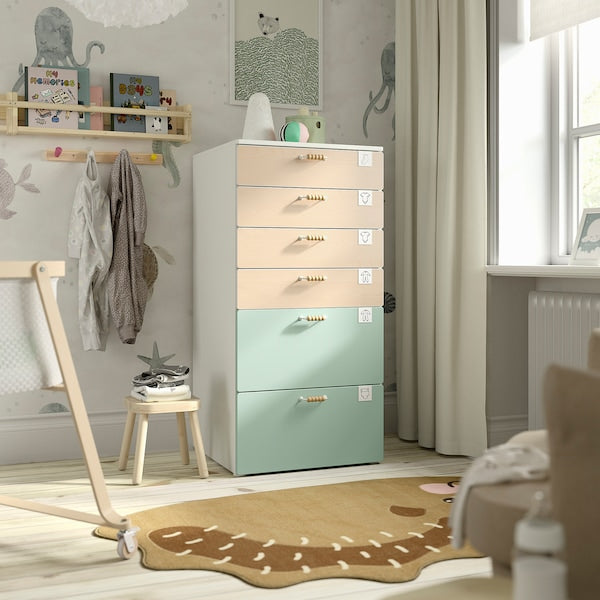 SMÅSTAD / PLATSA - Chest of 6 drawers, white birch/light green, 60x57x123 cm