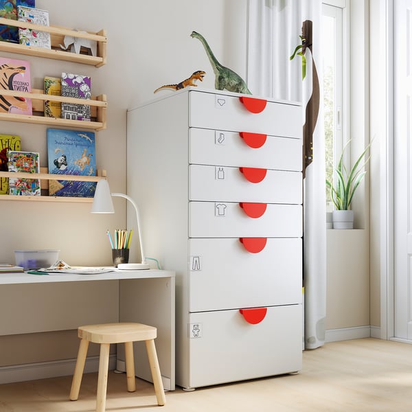 SMÅSTAD / PLATSA chest of 6 drawers, white/white, 60x57x123 cm