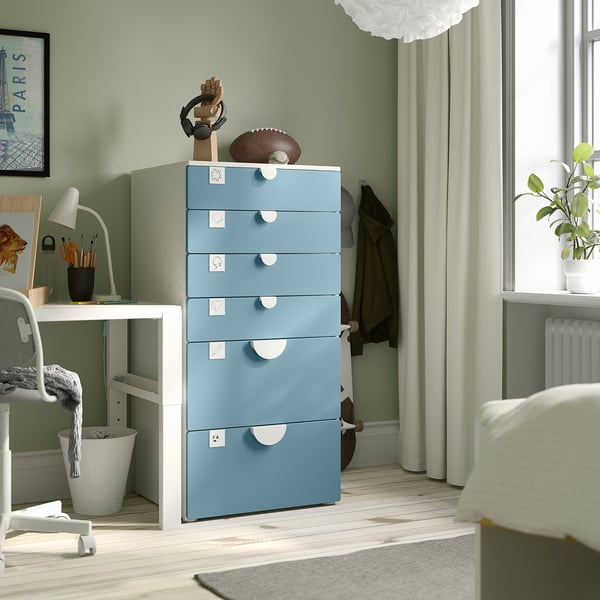 SMÅSTAD / PLATSA chest of 6 drawers, white/blue, 60x57x123 cm